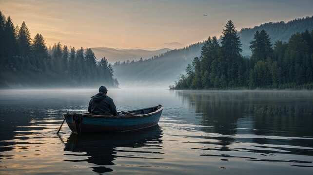 A man fishing on a lake in the morning from a boat