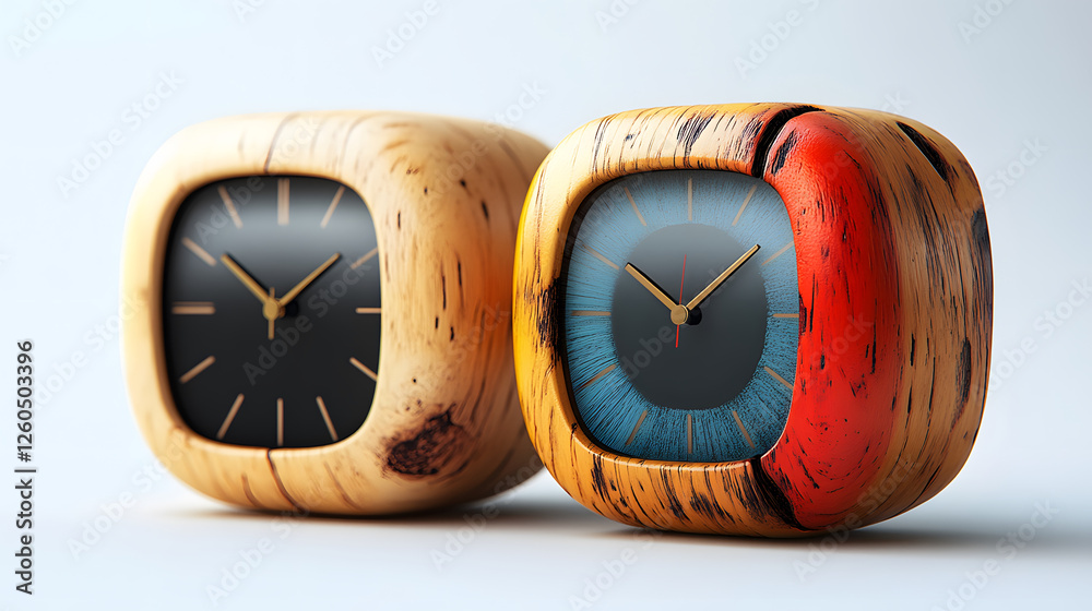 Aufkleber two uniquely designed wooden clocks with rounded edges and colorful accents, showcasing a blend of n