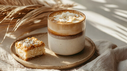 A delightful latte topped with coconut flakes accompanied by a coconut dessert bar on a ceramic plate.