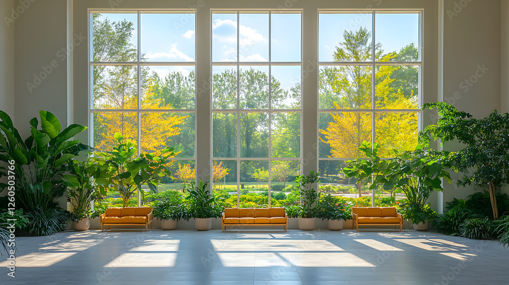Poster a bright, spacious room features large windows with a view of vibrant trees, complemented by lush gr
