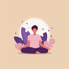 Person Meditating in Lotus Position Surrounded by Leaf Illustrations