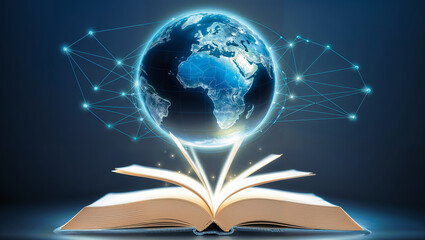 Futuristic Global Education: A Glowing Hologram Earth Emerging from an Open Book, Symbolizing the Power of Knowledge and Exploration