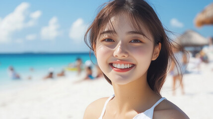 Korean woman in white dress smiling enjoying seaside on Isla Mujeres beach
