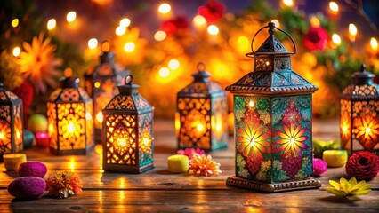 Fototapeta premium Decorative Diwali lanterns with colorful LED lights and intricate patterns on a wooden table