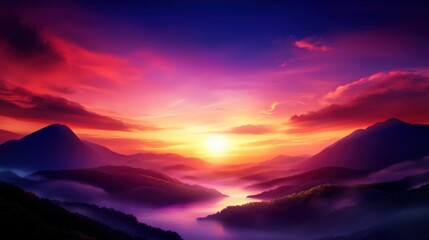 Fototapeta premium A breathtaking sunset over a serene river, surrounded by majestic mountains. The vibrant colors of the sky reflect on the water, creating a peaceful and calm natural scene.