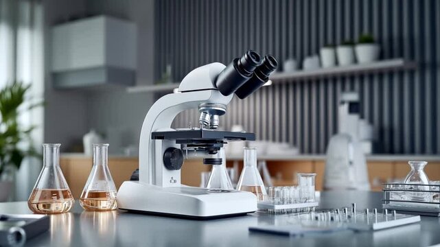 Laboratory scene with a microscope surrounded by Erlenmeyer flasks and test tubes on a table in a modern research lab setting