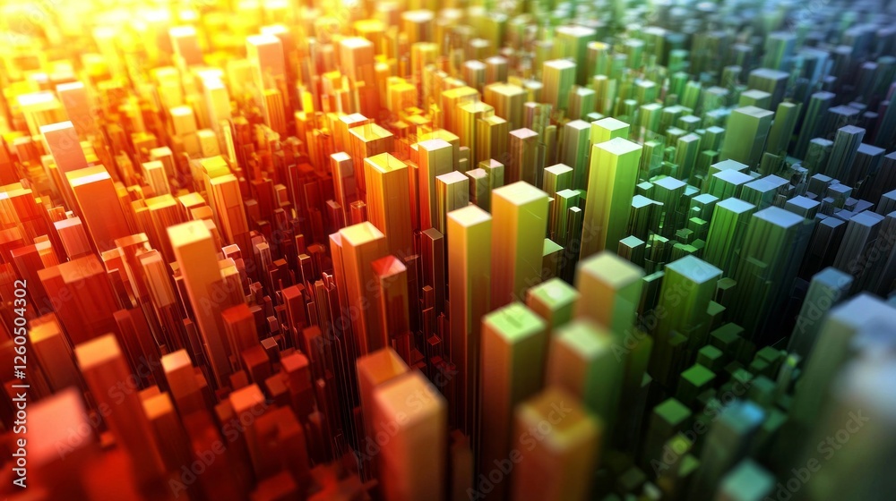 Poster bright hues blend seamlessly in a mesmerizing abstract world where towering geometric forms rise and