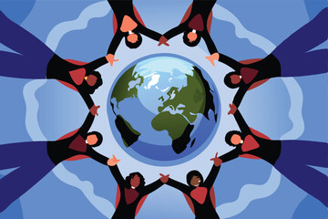 Create a vector illustration of a globe encircled by diverse women holding hands, symbolizing global unity and female empowerment.