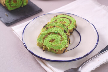bolu gulung pandan  or pandan Sponge rolls filled with kaya jam tastes sweet, soft and delicious. 