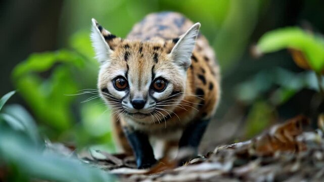 Close-up of a young serval cat crouching on the forest floor among green leaves and natural surroundings