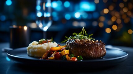Romantic restaurant dinner steak, mashed potatoes, vegetables