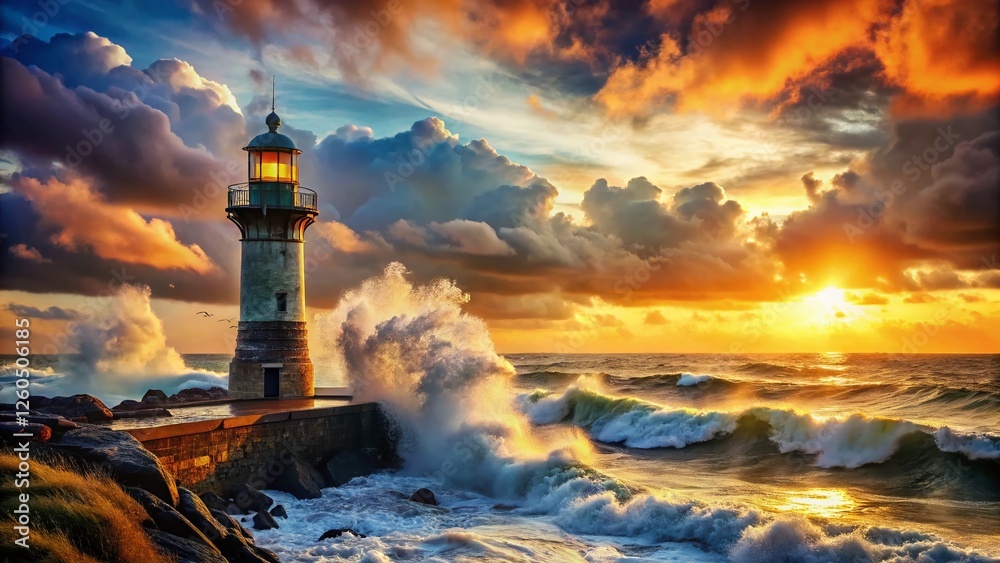 Wall mural Majestic Lighthouse, Dramatic Cloudscape & Ocean Waves: Stunning Coastal Landscape Photography