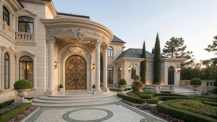 Obraz premium Luxurious Property Featuring Grand Entrance and Exquisite Landscaping in Low Resolution. Generative AI