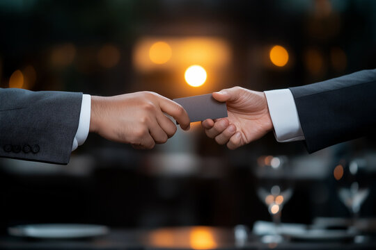 Two men shaking hands and one of them is holding a business card