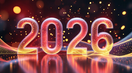 Holographic 2026 Numbers Shine Bright with Bio-Digital Particles on a Cosmic Background, Merging Technology with Nature in a Vibrant Fusion of Red and Yellow