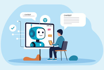 AI chatbot assistance concept illustration. A man interacts with a virtual chatbot on a computer screen using a smartphone. Futuristic artificial intelligence, technology, and digital communication.