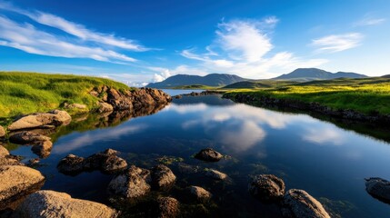 Fototapeta premium A serene landscape featuring a calm river reflecting the sky, surrounded by lush green hills and rocky formations