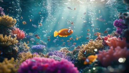Obraz premium Clownfish swims among coral reefs in clear ocean water