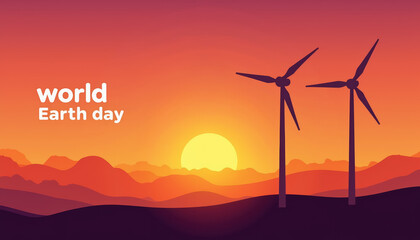 Obraz premium World Earth Day sunset with wind turbines