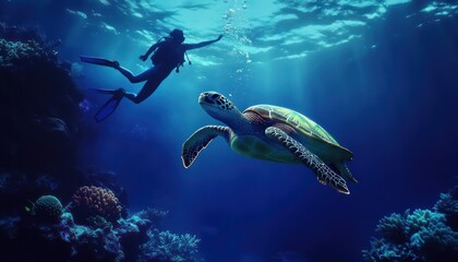 Obraz premium Diver swims alongside a large sea turtle in ocean depths