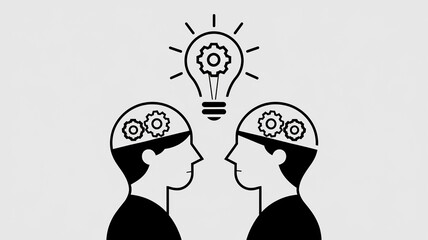 A minimalist illustration featuring two human heads with gears inside their brains, connected by a light bulb, symbolizing the exchange of ideas and creativity.