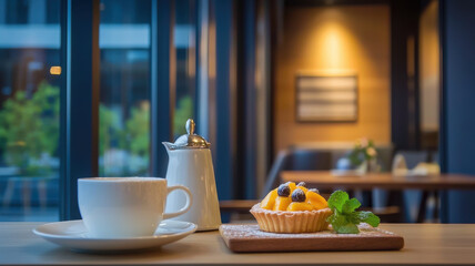 cozy cafe scene featuring mango tart and cup of coffee, perfect for relaxation