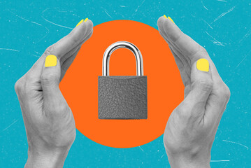 Data is secure in a contemporary art art collage featuring a hand with a lock.