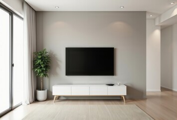 Scandinavian living room. Clean modern entertainment unit with wall-mounted TV and decorative plant in minimalist living space with natural light.