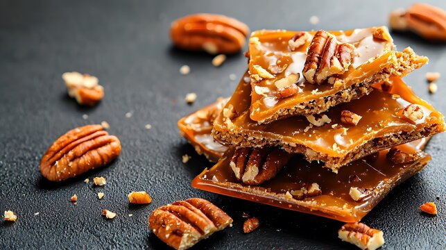 Stack of chocolate covered carabe pieces and crunchy maple pecan brittle on a white background