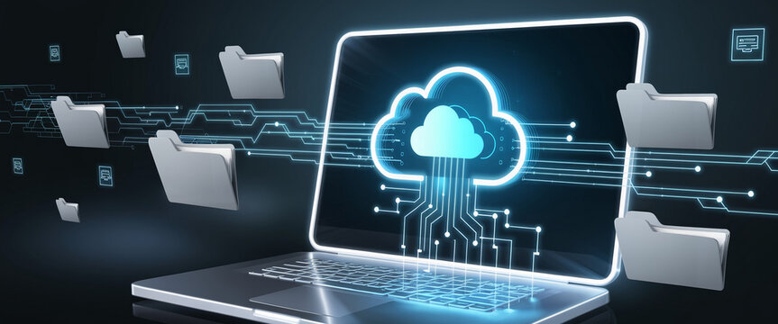 Cloud computing concept with data transfer, folders, and cloud symbol on laptop screen. Represents file sharing, cloud service, digital technology, and data management.