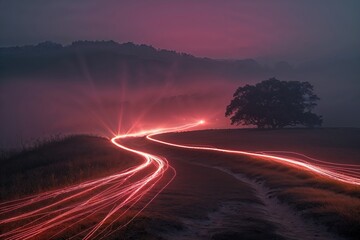 Ethereal Hazy Landscape Featuring Radiant Light Trails in Burgundy and Charcoal