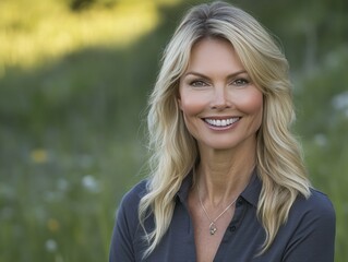 Fototapeta premium Gorgeous blonde woman smiling happily in a grassy field, headshot with a focus on her grey shirt and natural light, looking directly at the camera.