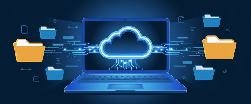 Cloud computing and file management concept with cloud storage and folders transferring data, symbolizing modern digital file management, technology, and secure cloud services.