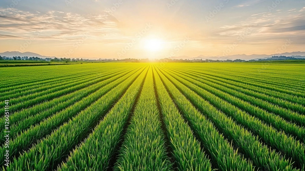Aufkleber wide-angle view of lush green rice fields with rows clearly visible, bathed in golden sunlight shini