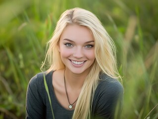 Naklejka premium Gorgeous blonde woman smiling happily in a grassy field, headshot with a focus on her grey shirt and natural light, looking directly at the camera.