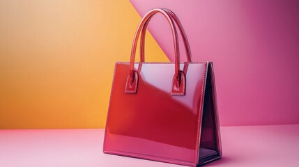 Elegant Red Patent Leather Handbag on Vibrant Two-Tone Backdrop Display