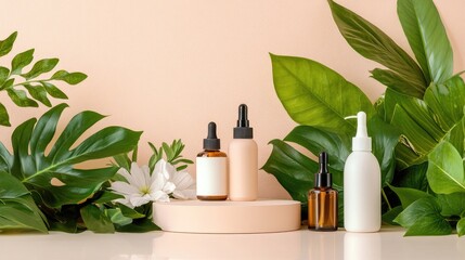 A simple yet stylish podium with a fresh spring leaf backdrop, ideal for showcasing beauty and wellness products.