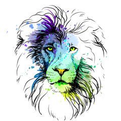 Abstract, graphic portrait of a lion in watercolor style.