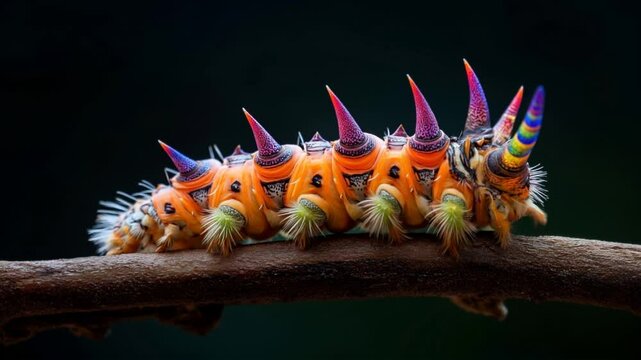 Colorful caterpillar with vibrant spines and unique patterns on a branch in a natural setting, displaying distinctive bright colors and textures on its body.