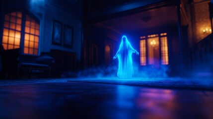 Glowing ghost in haunted mansion hallway. Halloween, game asset, spooky