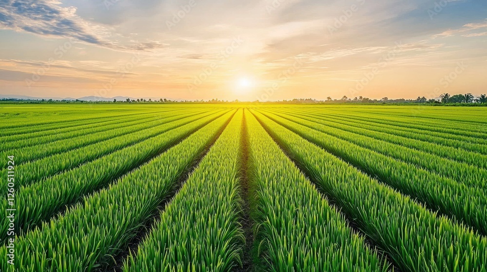 Poster wide-angle view of a green rice field under the setting sun, with rows and lines clearly visible in 