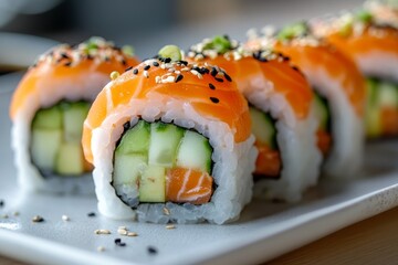 Delicious salmon sushi rolls, restaurant setting