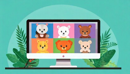 Fototapeta premium オンライン会議、パソコン、キャラクター、仕事、副業、画面、表示