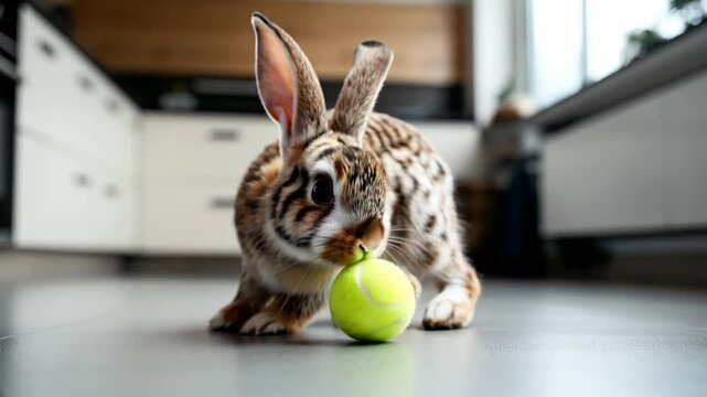 Cute fluffy rabbit with unique fur markings resembling wild patterns playing with a tennis ball on a kitchen floor with soft lighting and modern decor in the background.