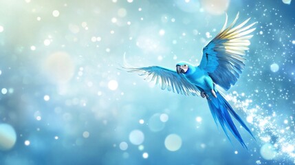 Turquoise macaw soars amidst ethereal sparkling lights background