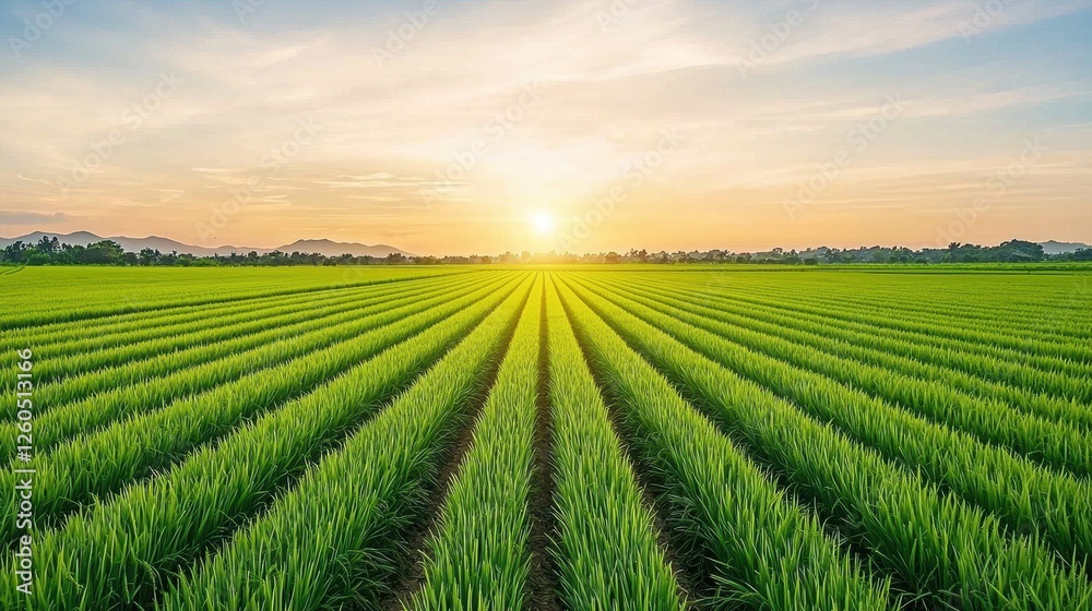 Poster wide-angle view of vibrant green rice fields under a setting sun, casting long shadows and filling t