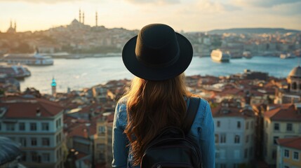 Woman at the Top of Istanbul City Skyline Overlooking Bosphorus