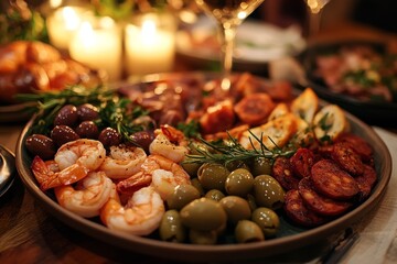 Tapas platter, candlelit dinner, romantic setting