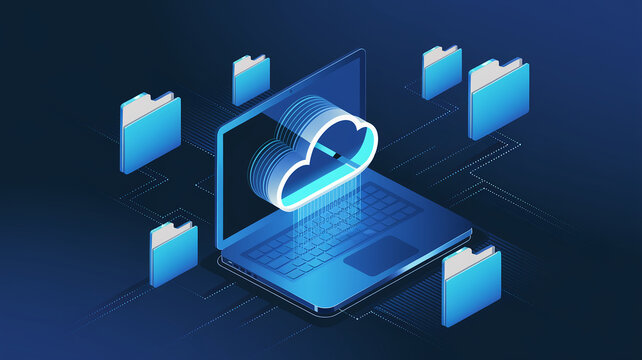 A futuristic digital concept of cloud storage showing files transferring from a laptop, symbolizing cloud computing, digital storage, and data management.