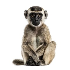 Fototapeta premium Young monkey sitting, white background, wildlife, adorable primate, zoology
